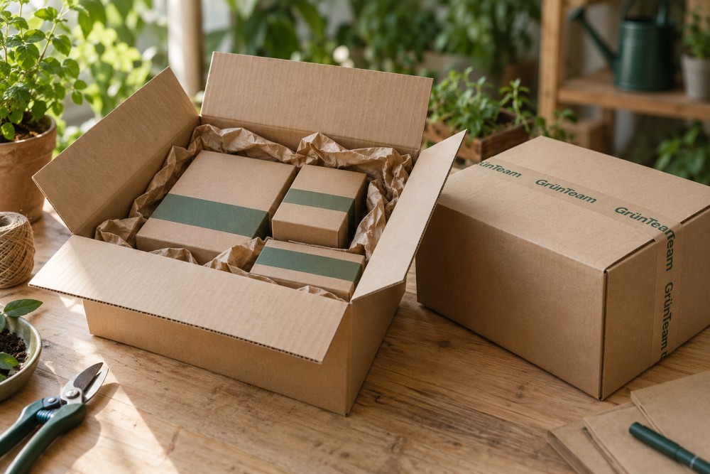 Motivbeispiel eines offenen Kartons mit Papierpolsterung und eines verschlossenen Pakets
